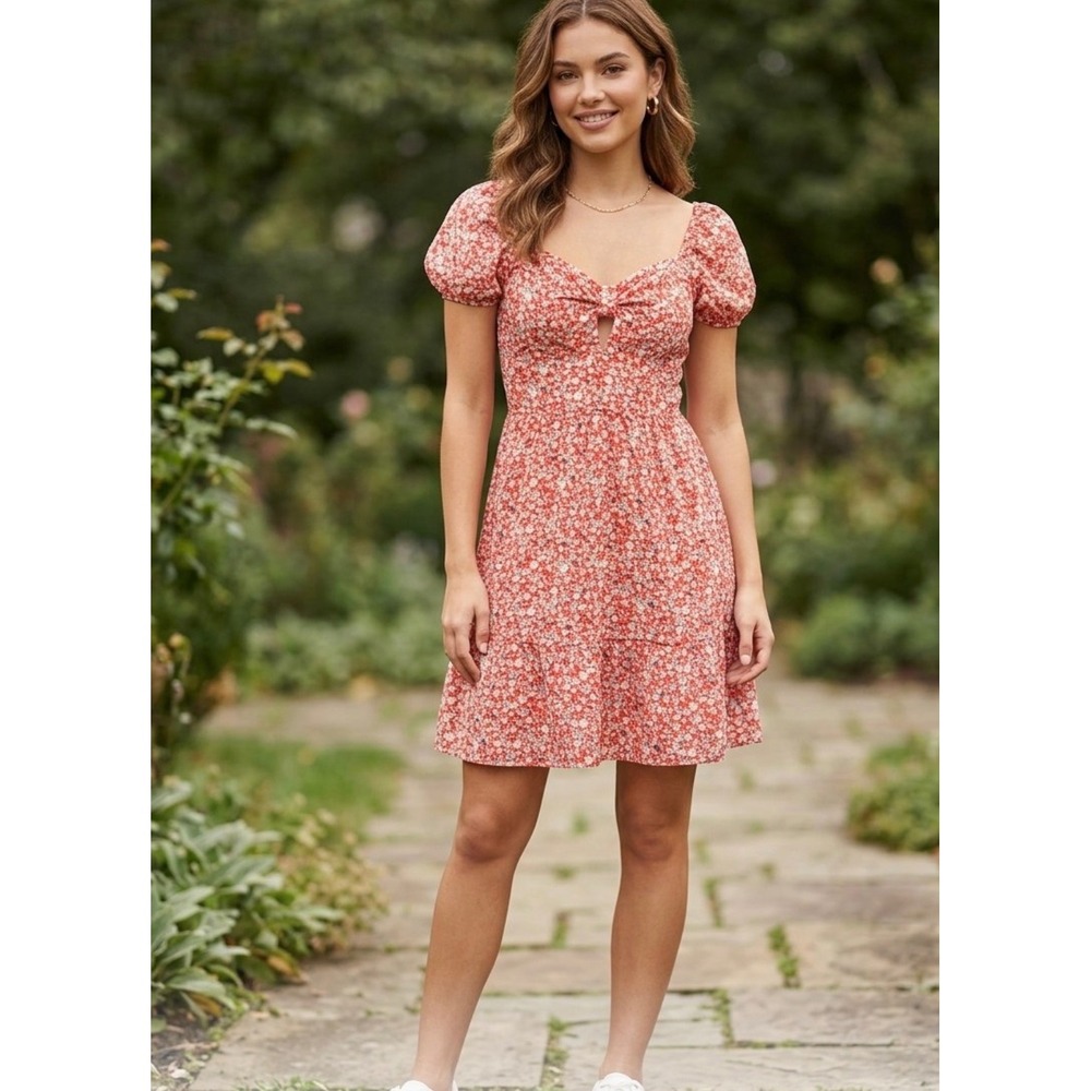 Enteau Los Angeles Floral Puff Sleeve Smocked Mini Dress Red Blue XS 501593